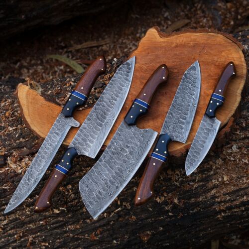 Artisan Damascus Steel Knife Set with Elegant Rosewood Handles - Korvel