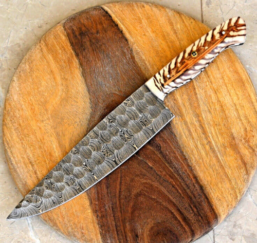 Master Artisan's Custom 13-Inch Damascus Chef’s Knife with Unique Epoxy Pine-cone Handle & Leather Sheath - Korvel