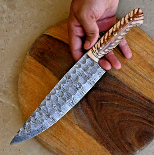 Master Artisan's Custom 13-Inch Damascus Chef’s Knife with Unique Epoxy Pine-cone Handle & Leather Sheath - Korvel