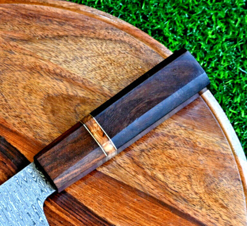 Mastercraft Santoku Knife: Handcrafted Damascus Steel with Rosewood Handle & Leather Case - Korvel