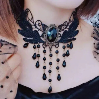 Collar de Cadena de Encaje Negro Elegante para Mujeres