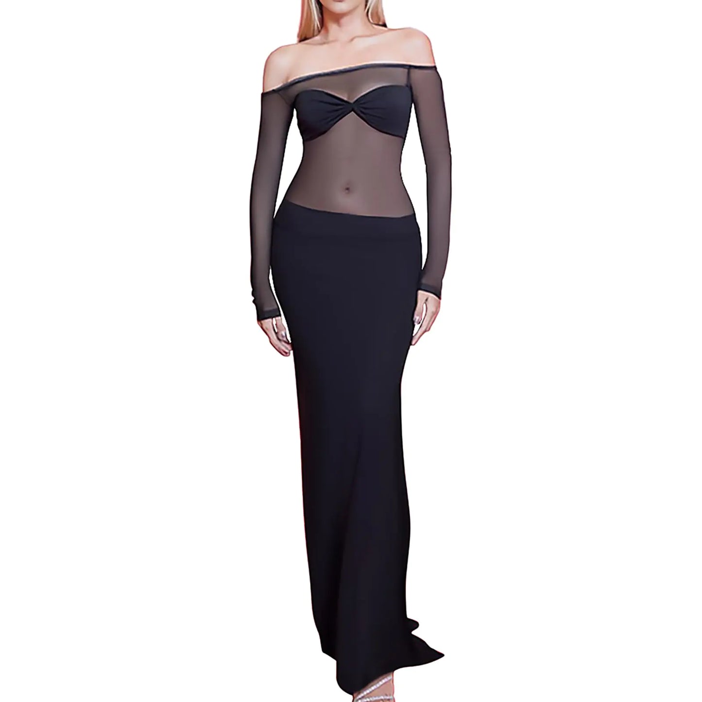Elegant Sheer Maxi Dress with Long Sleeves