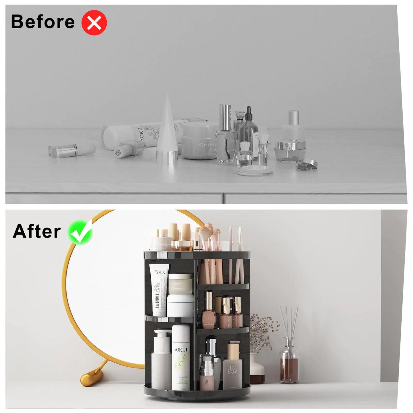 Organisateur de maquillage rotatif premium avec plateaux ajustables