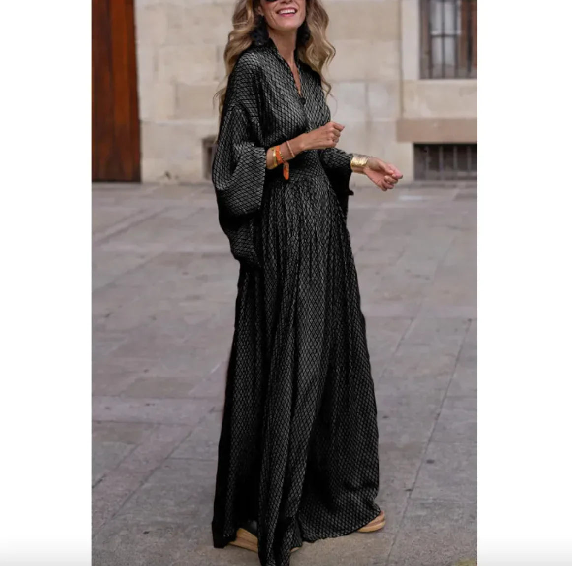Robe maxi à manches chauve-souris et décolleté en V pour femmes