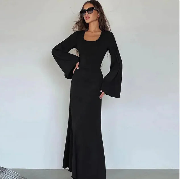 Vestido Elegante con Escote en U, Cordones en la Espalda y Mangas de Campana