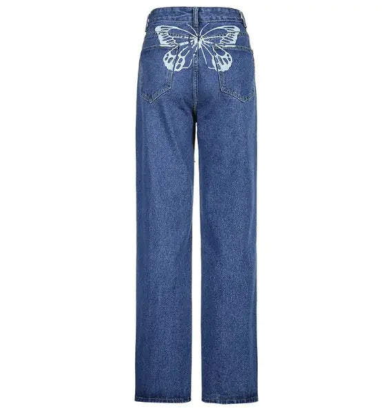 Women's High-Waisted Jeans with Butterfly Print