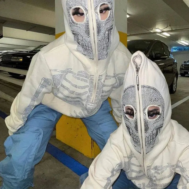 Skeleton Rhinestone Full Zip Hoodie for Women