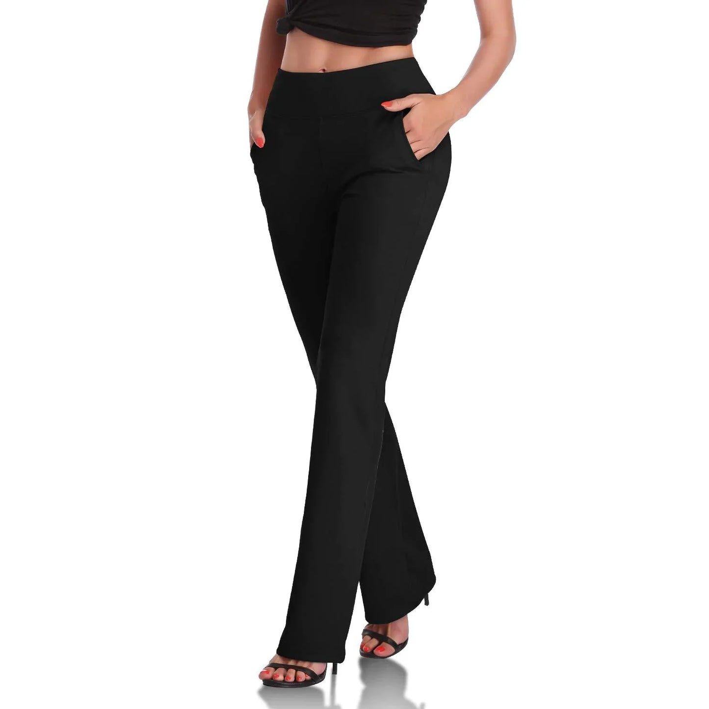 Pantalones de punto acampanados para mujer con bolsillos laterales