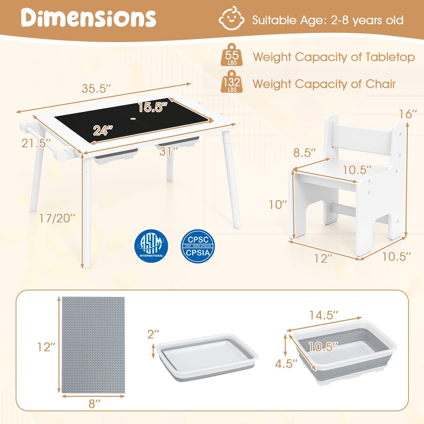 Sensory Table and Chair Set for Kids 2-8 with Foldable Bins - White