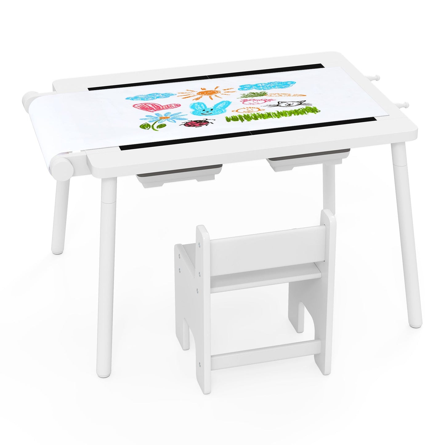 Sensory Table and Chair Set for Kids 2-8 with Foldable Bins - White