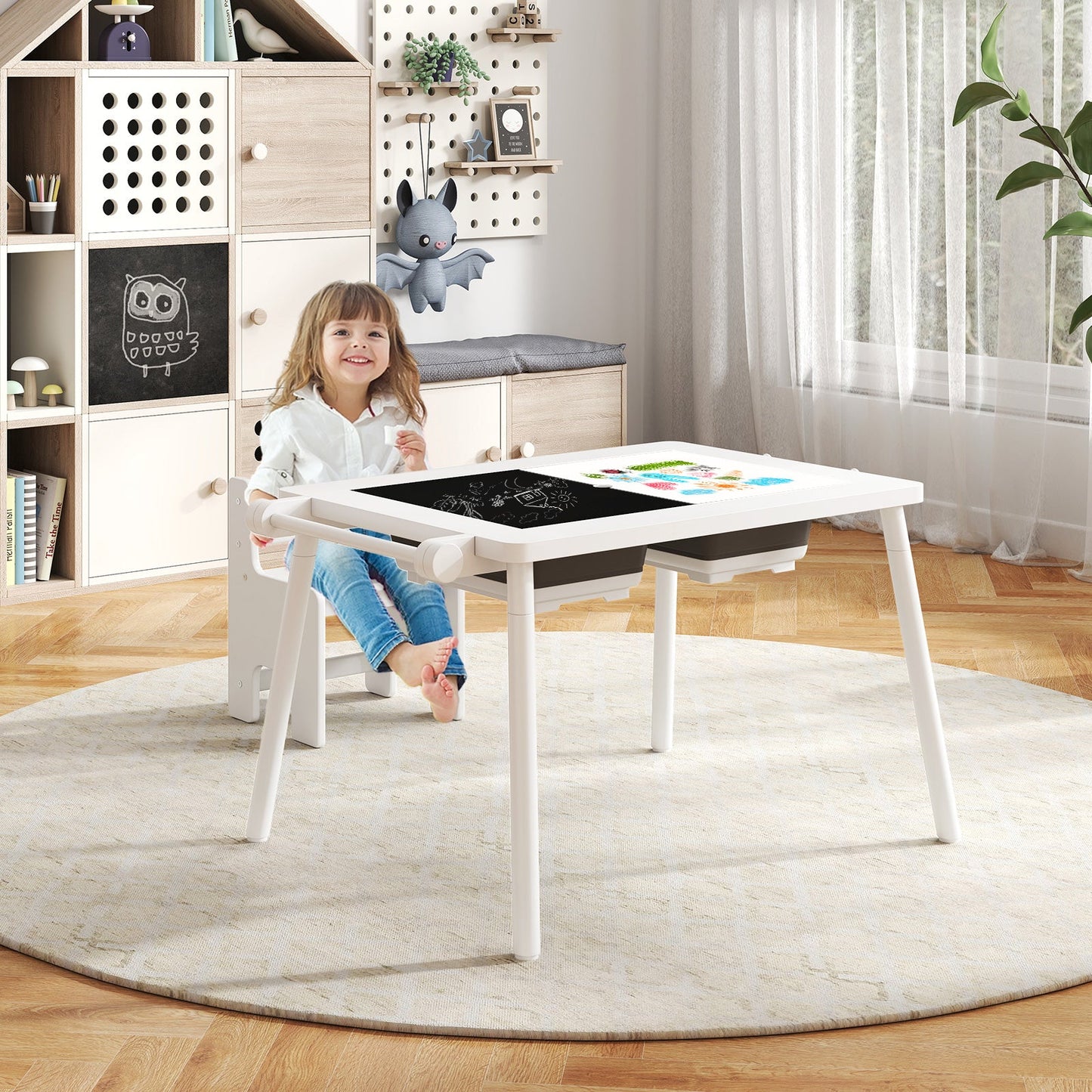 Sensory Table and Chair Set for Kids 2-8 with Foldable Bins - White