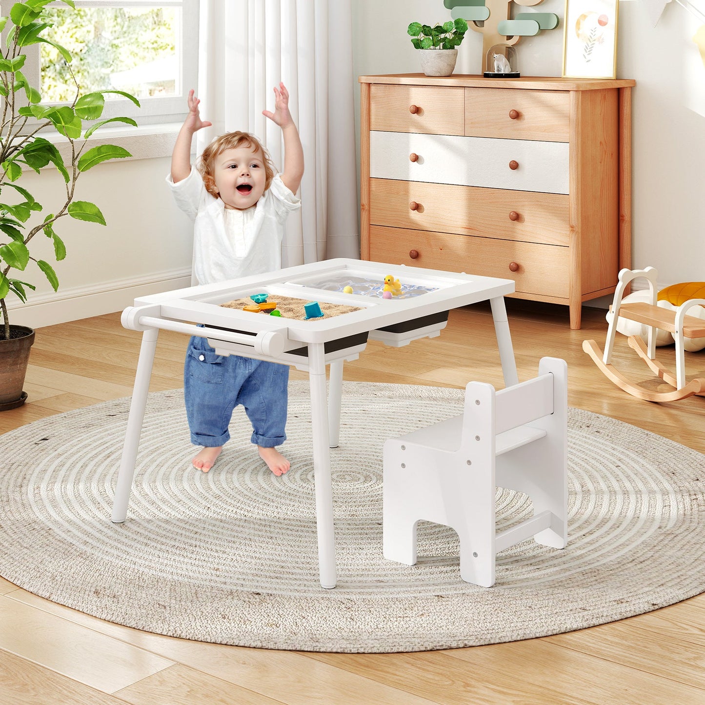 Sensory Table and Chair Set for Kids 2-8 with Foldable Bins - White