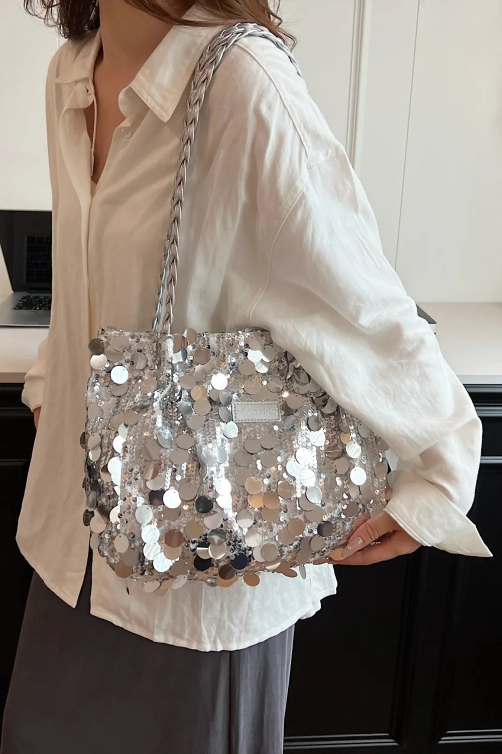 Sequin Braided Strap Shoulder Bag - Korvel