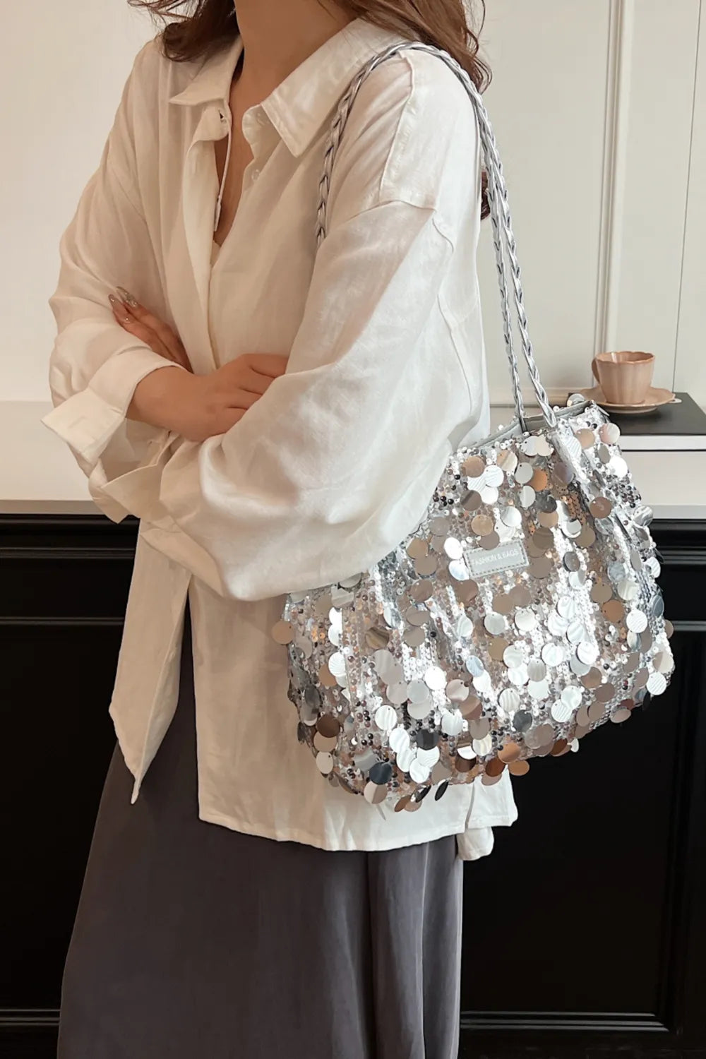 Sequin Braided Strap Shoulder Bag - Korvel