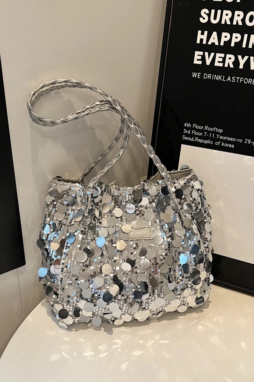Sequin Braided Strap Shoulder Bag - Korvel