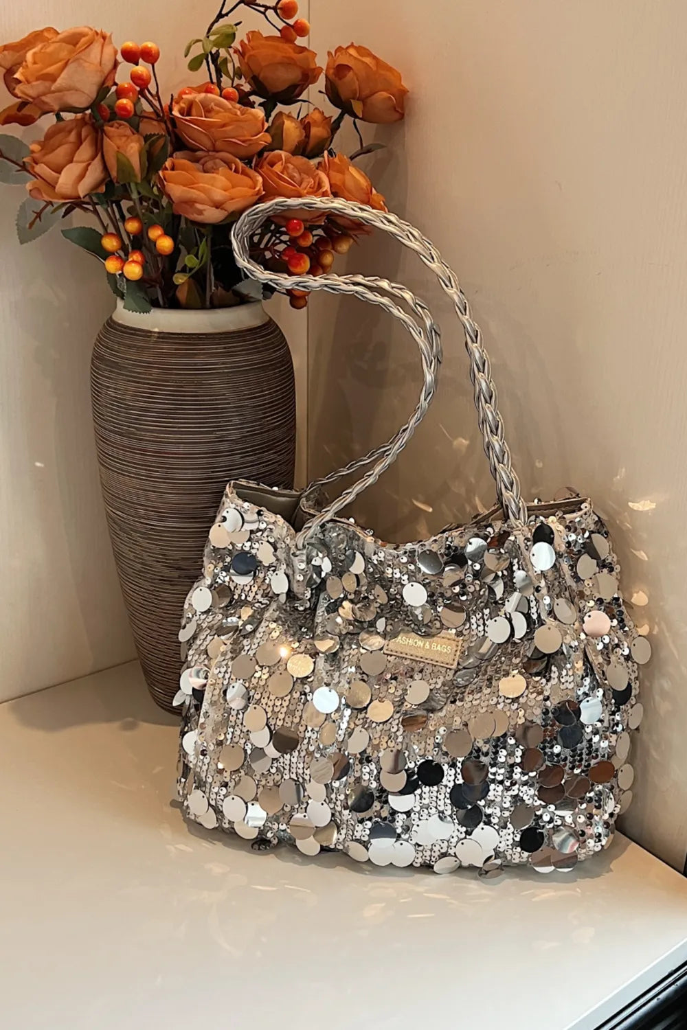 Sequin Braided Strap Shoulder Bag - Korvel