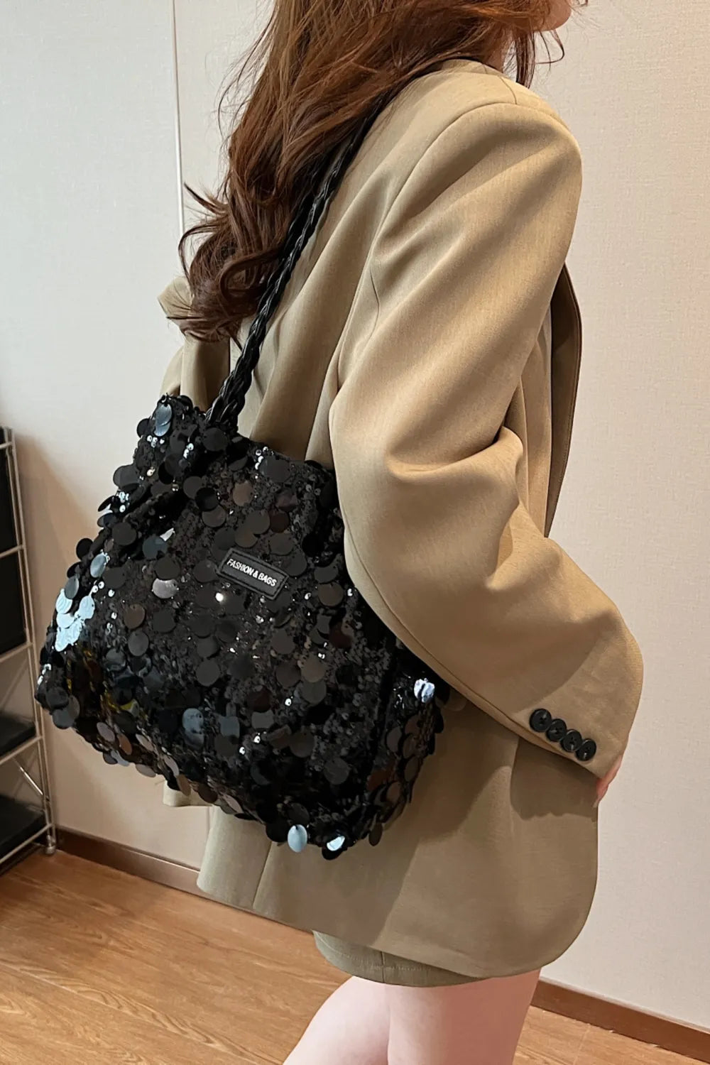 Sequin Braided Strap Shoulder Bag - Korvel