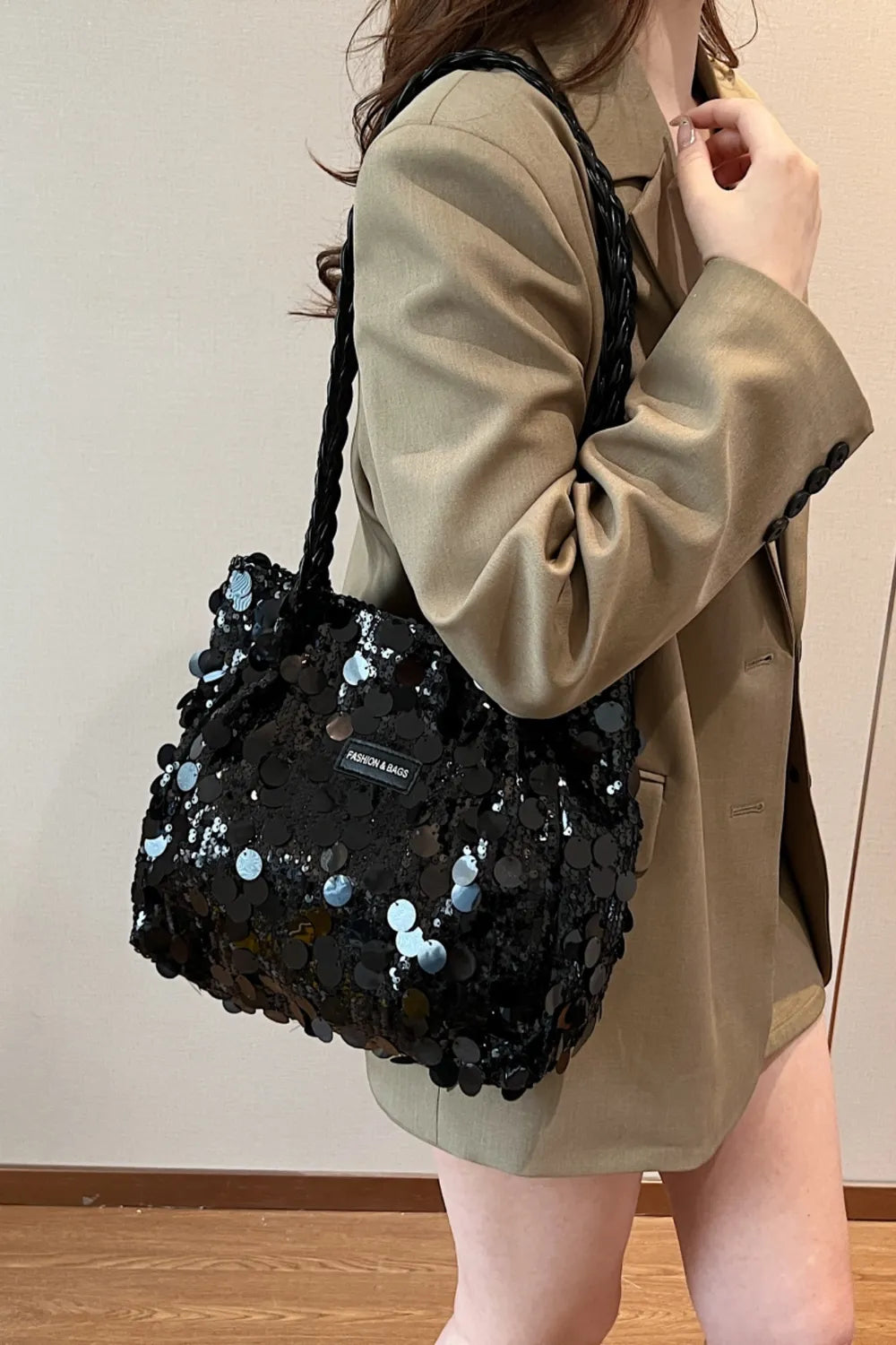 Sequin Braided Strap Shoulder Bag - Korvel