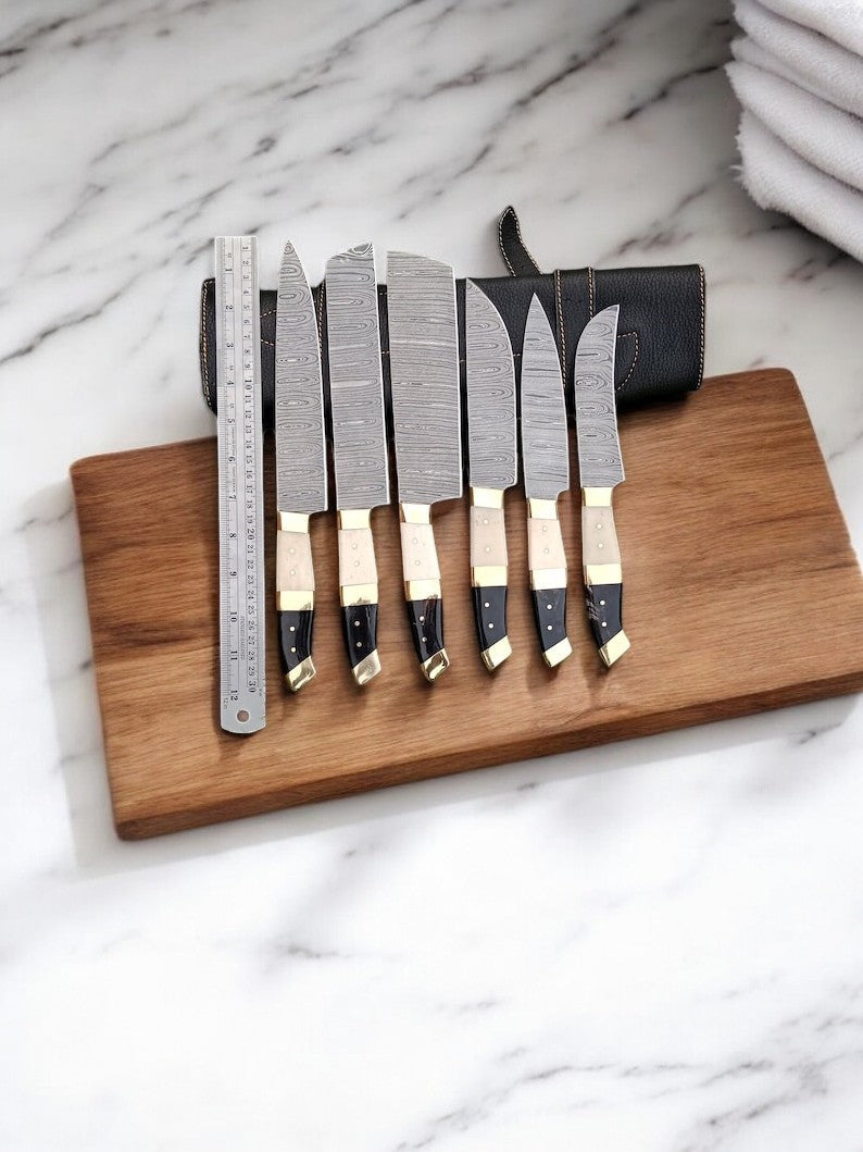Exquisite 6-Piece Custom Damascus Knife Set with Bone Handles - Korvel