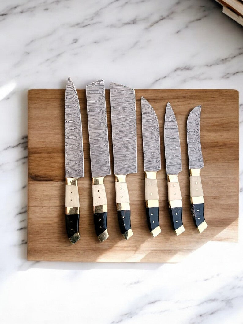Exquisite 6-Piece Custom Damascus Knife Set with Bone Handles - Korvel