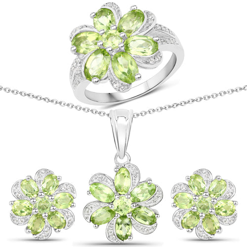 Ensemble de bijoux en péridot et topaze blanche de 8,04 carats en argent sterling