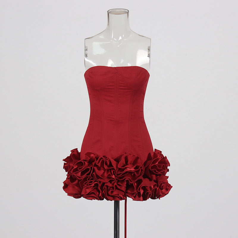 Sexy European and American style dress with strapless shoulder and fashionable three-dimensional flower splicing short dress - Korvel
