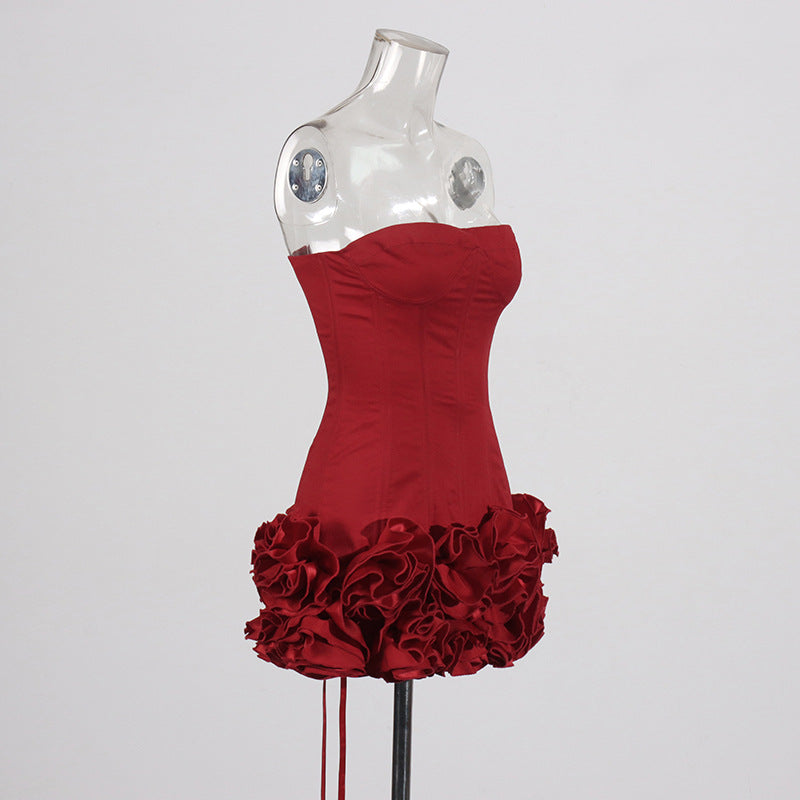 Sexy European and American style dress with strapless shoulder and fashionable three-dimensional flower splicing short dress - Korvel