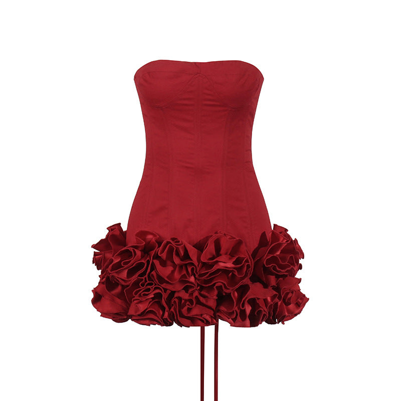 Sexy European and American style dress with strapless shoulder and fashionable three-dimensional flower splicing short dress - Korvel