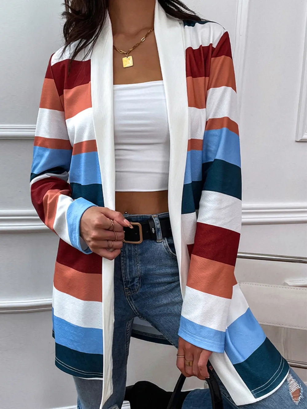 Shiny Color Block Open Front Cardigan - Korvel