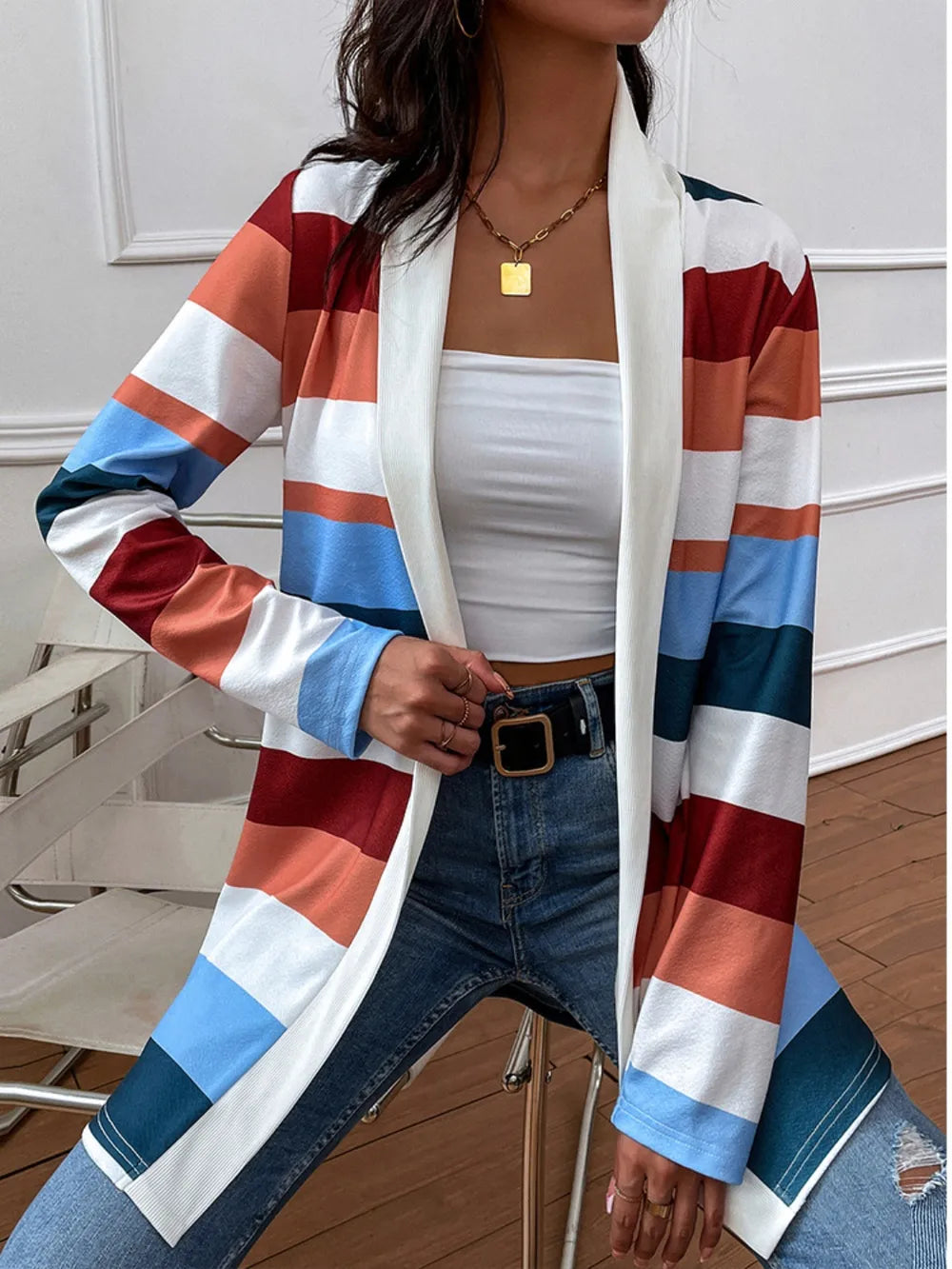 Shiny Color Block Open Front Cardigan - Korvel