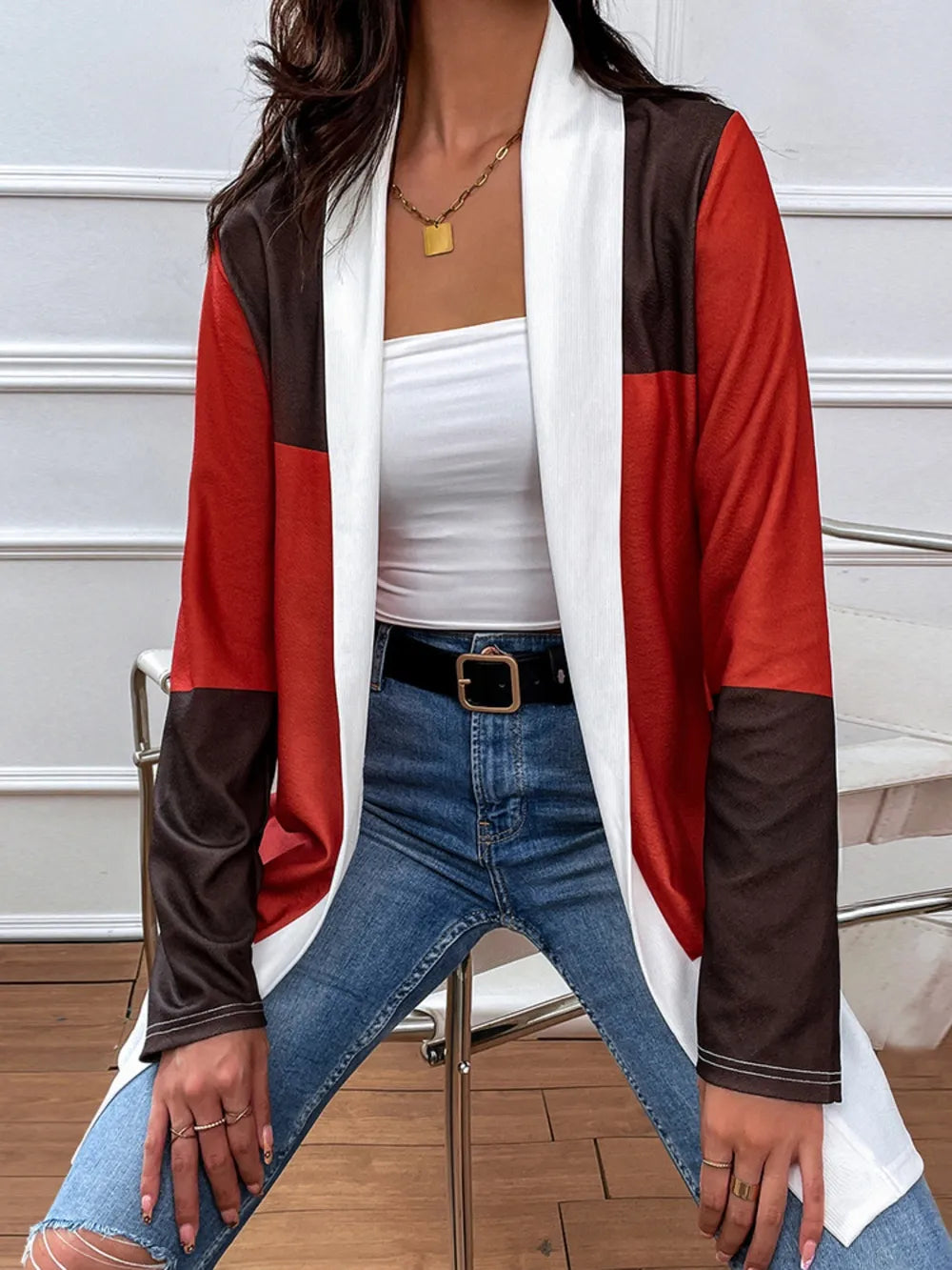 Shiny Color Block Open Front Cardigan - Korvel