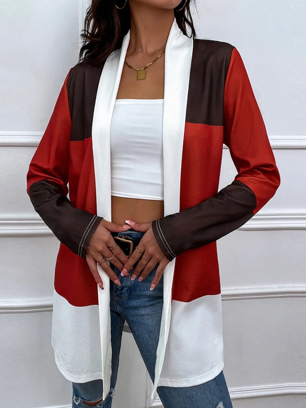 Shiny Color Block Open Front Cardigan - Korvel