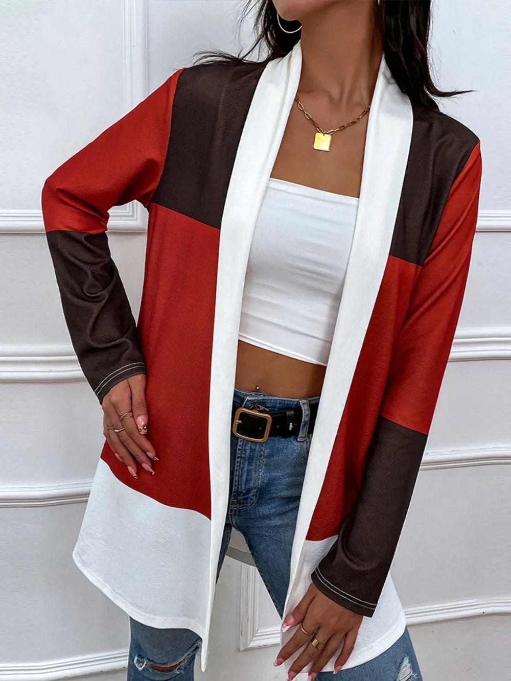 Shiny Color Block Open Front Cardigan - Korvel