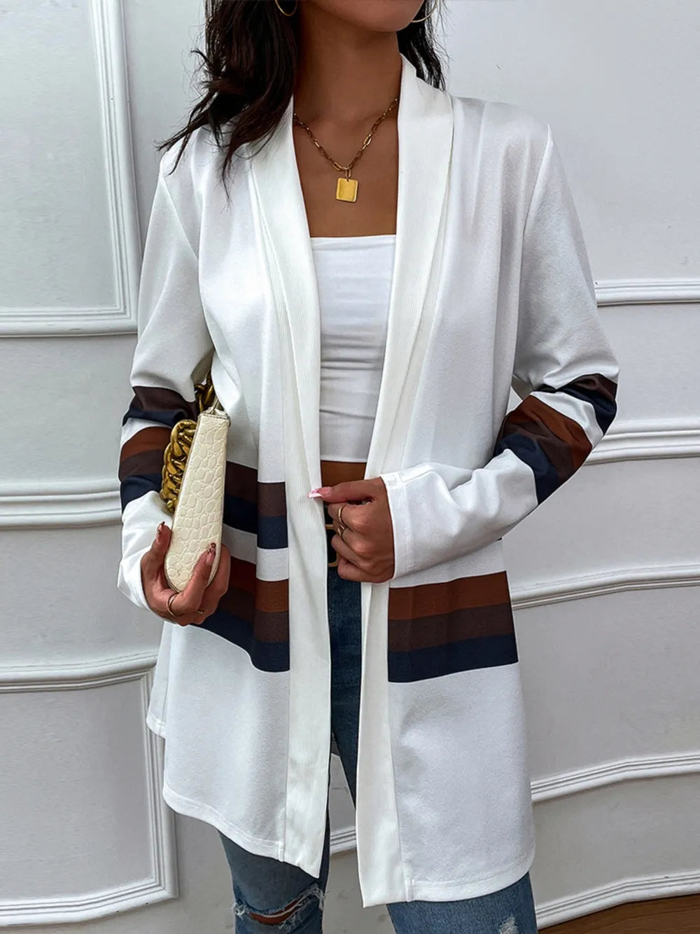 Shiny Color Block Open Front Cardigan - Korvel