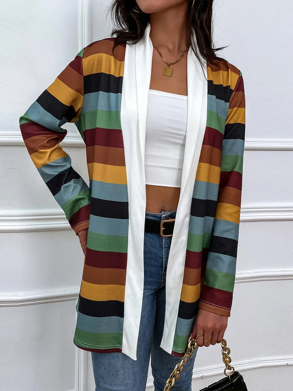 Shiny Color Block Open Front Cardigan - Korvel