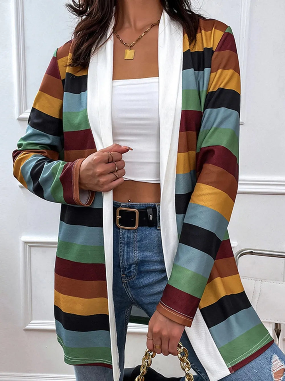 Shiny Color Block Open Front Cardigan - Korvel