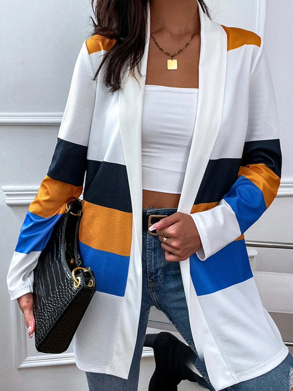 Shiny Color Block Open Front Cardigan - Korvel