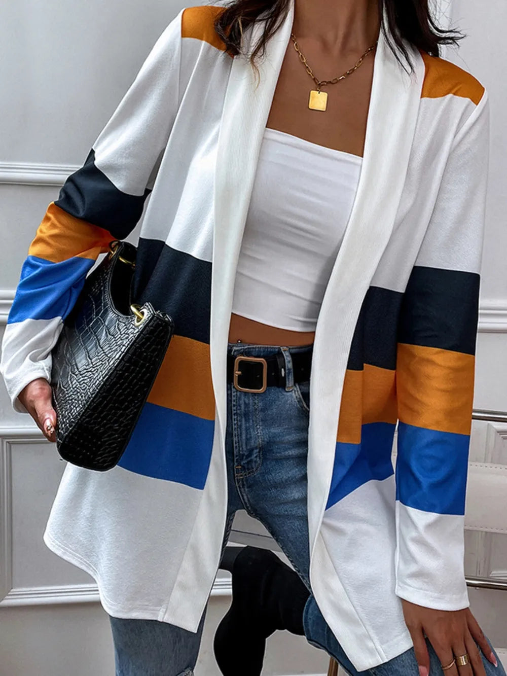 Shiny Color Block Open Front Cardigan - Korvel
