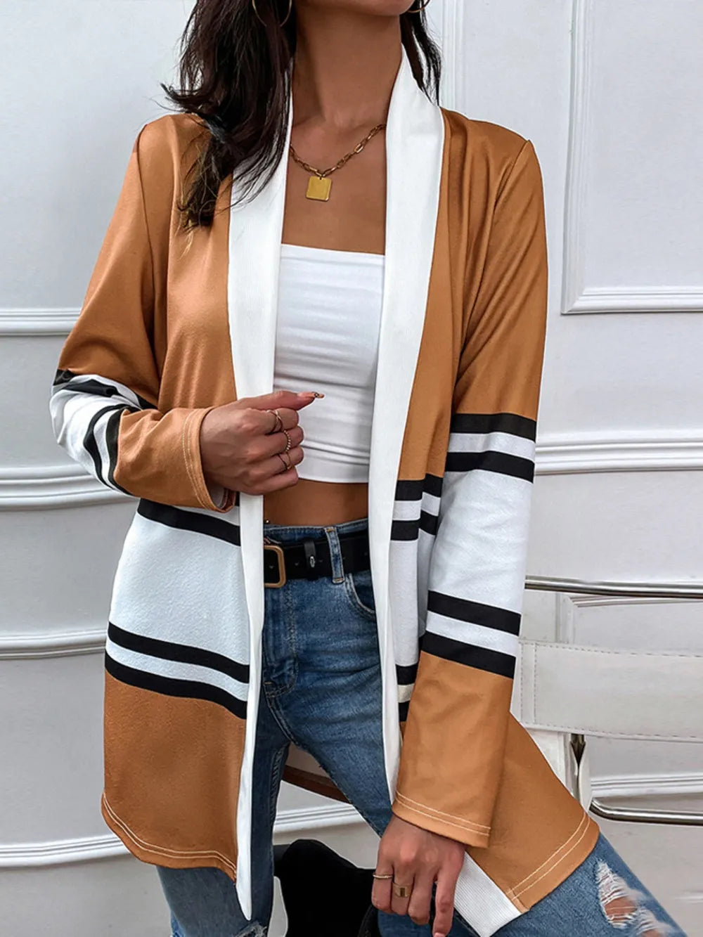 Shiny Color Block Open Front Cardigan - Korvel