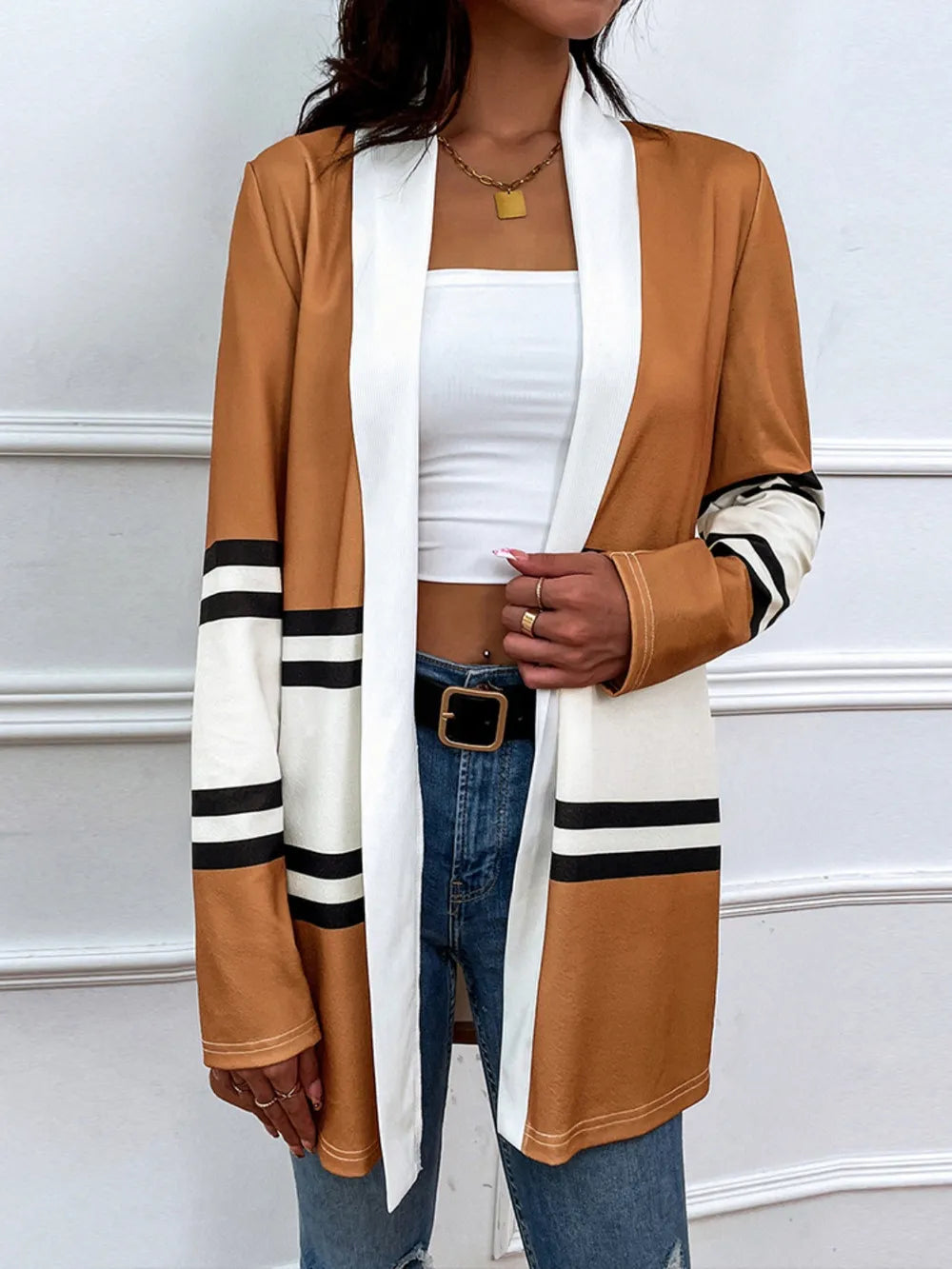 Shiny Color Block Open Front Cardigan - Korvel