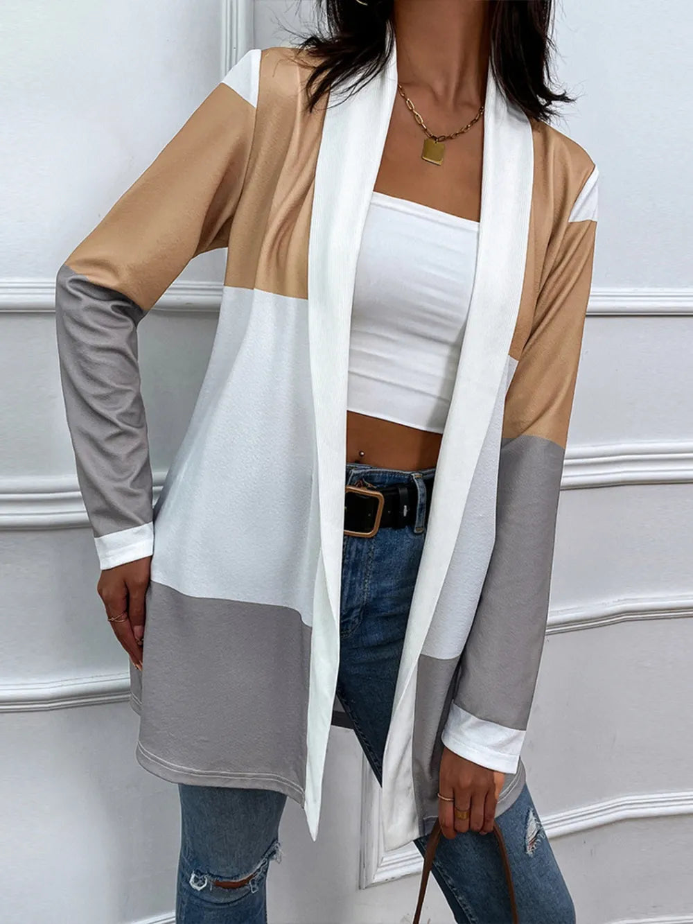 Shiny Color Block Open Front Cardigan - Korvel