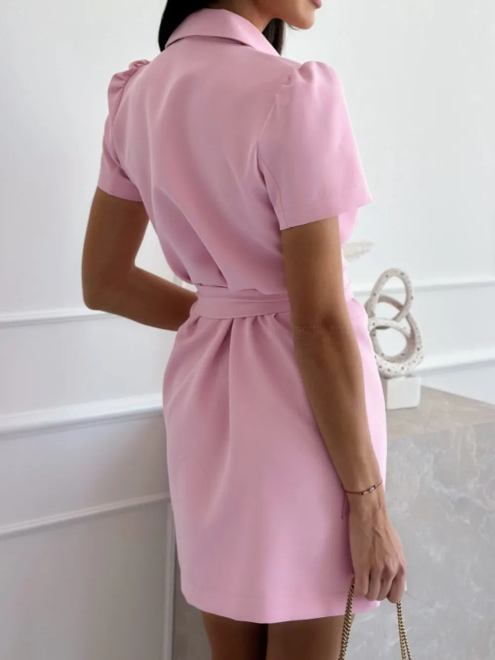 Short Sleeve Tie Waist Mini Dress - Korvel