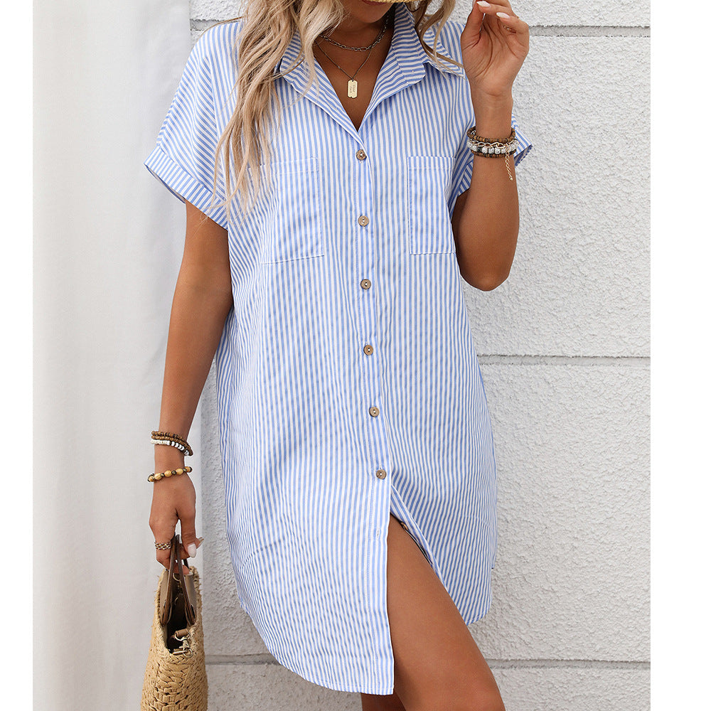 Elegant Striped Mid-Length Shirt Dress for Women