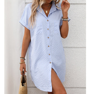 Elegant Striped Mid-Length Shirt Dress for Women