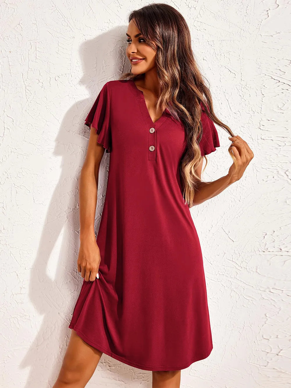 Short sleeved V-neck home sleepwear dress - Korvel