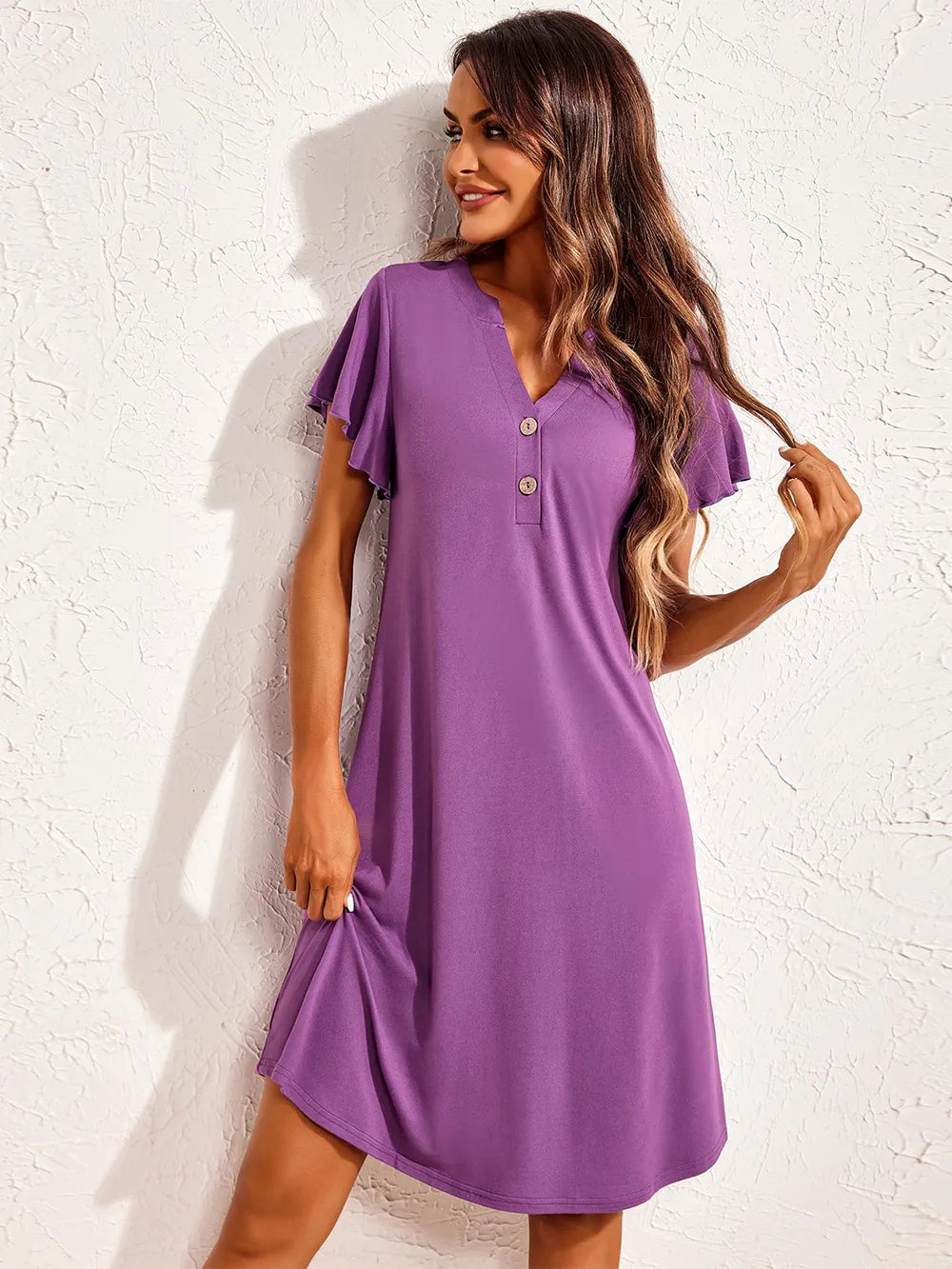 Short sleeved V-neck home sleepwear dress - Korvel