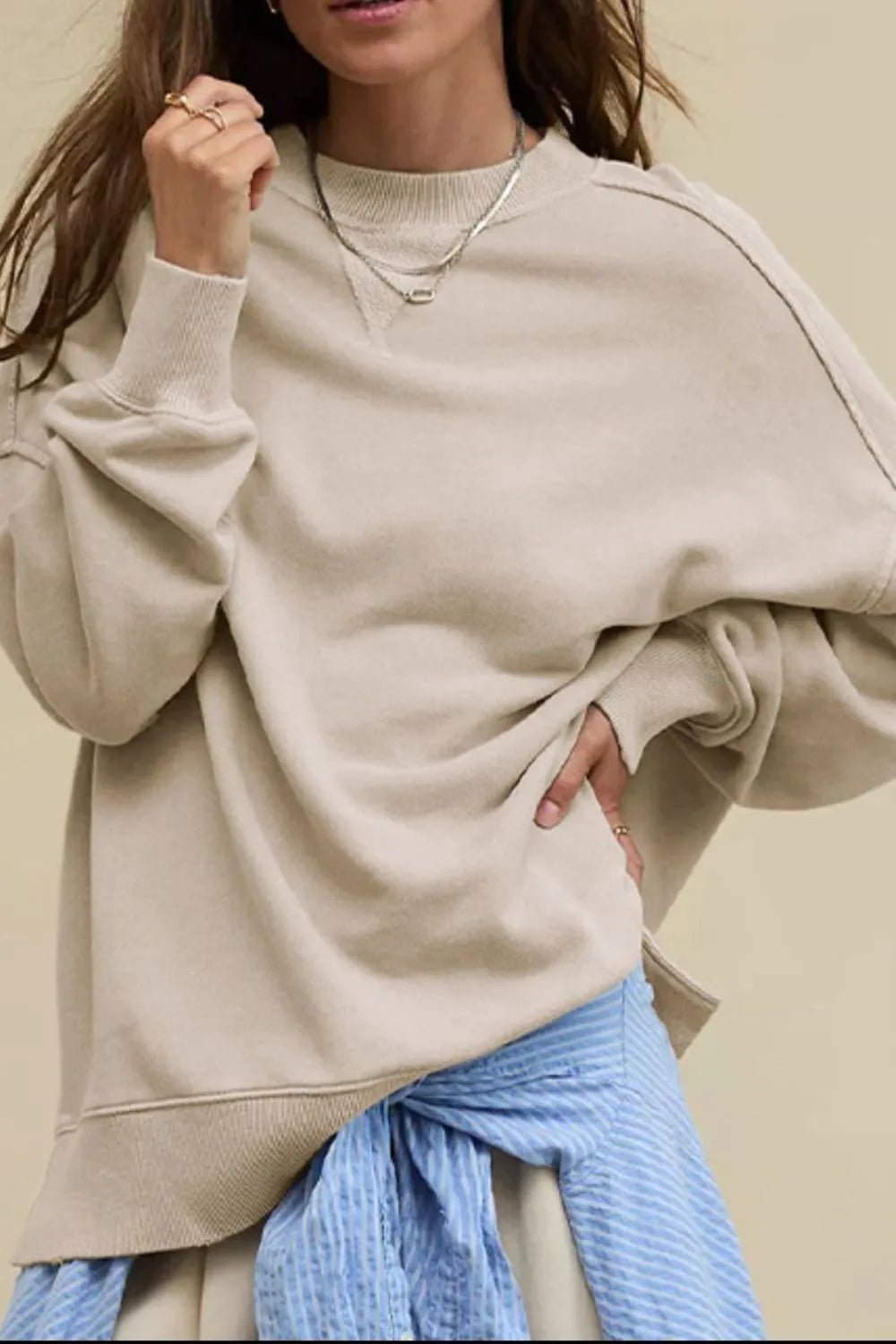Side Slit Round Neck Long Sleeve Sweatshirt - Korvel