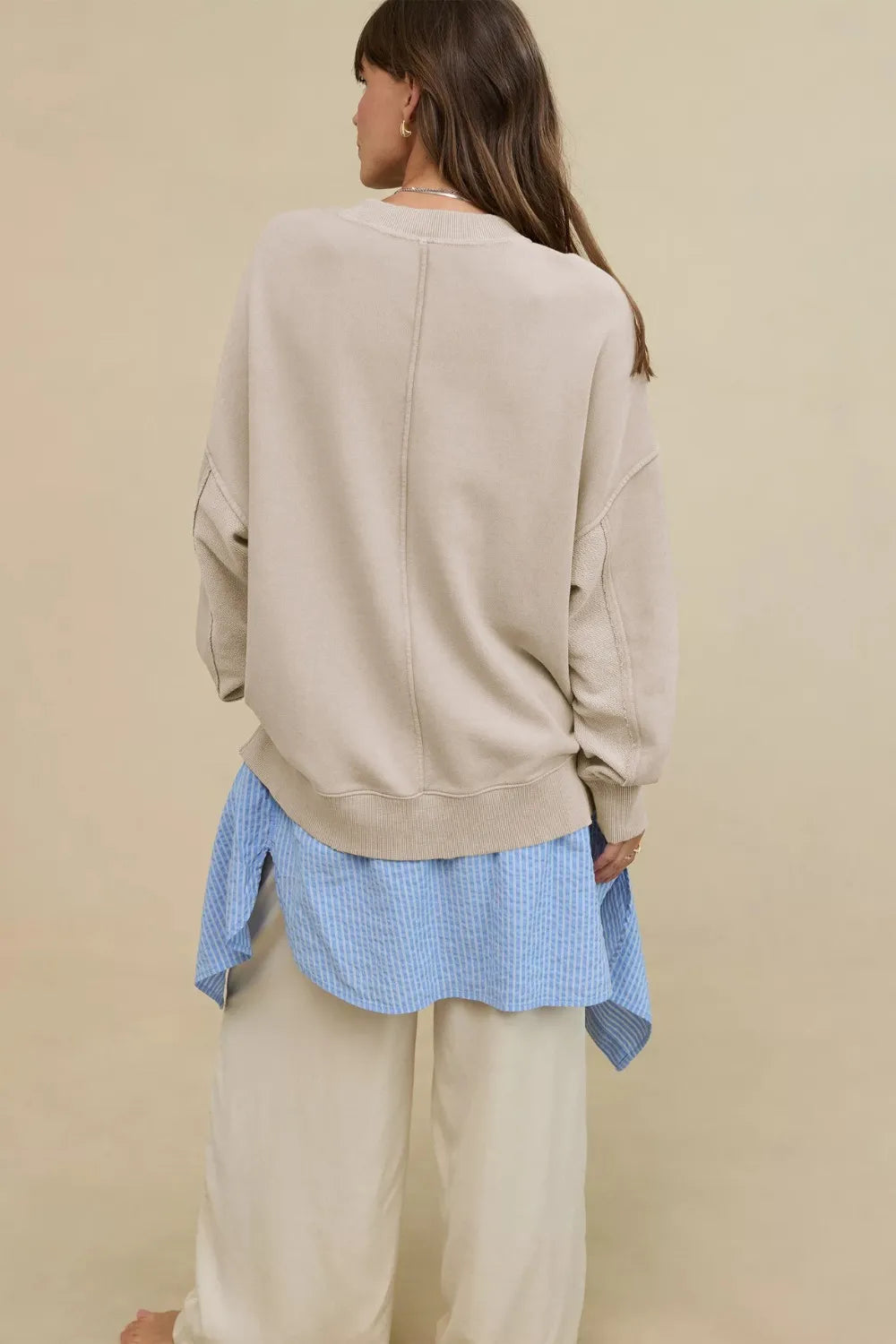Side Slit Round Neck Long Sleeve Sweatshirt - Korvel