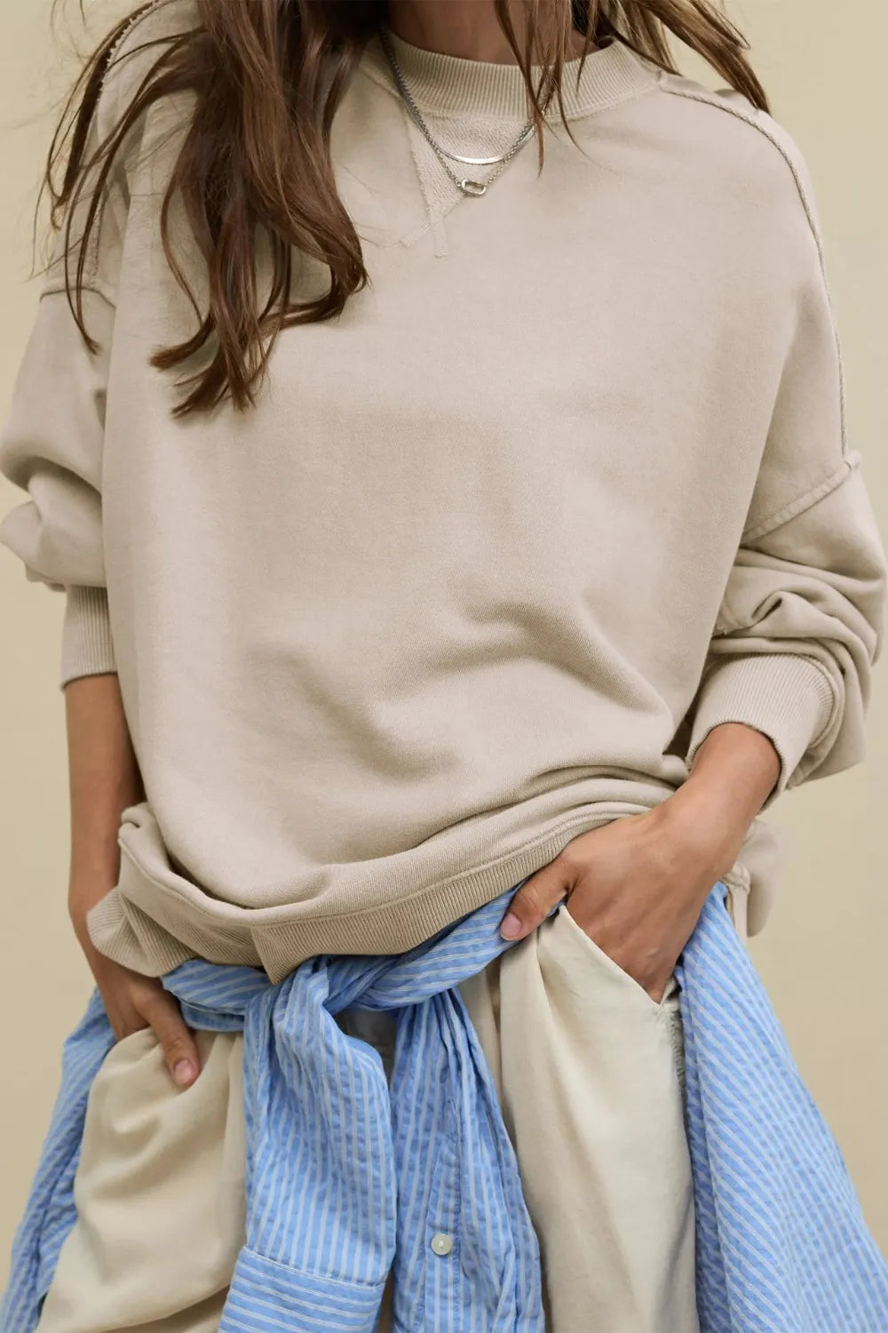 Side Slit Round Neck Long Sleeve Sweatshirt - Korvel