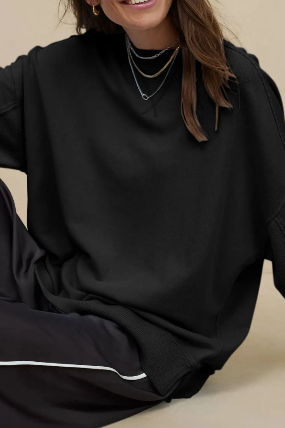 Side Slit Round Neck Long Sleeve Sweatshirt - Korvel
